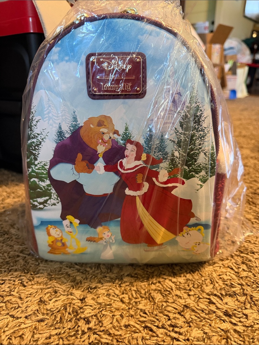 Disney Loungefly Beauty and the Beast Winter Scene Mini Backpack - Red Accents